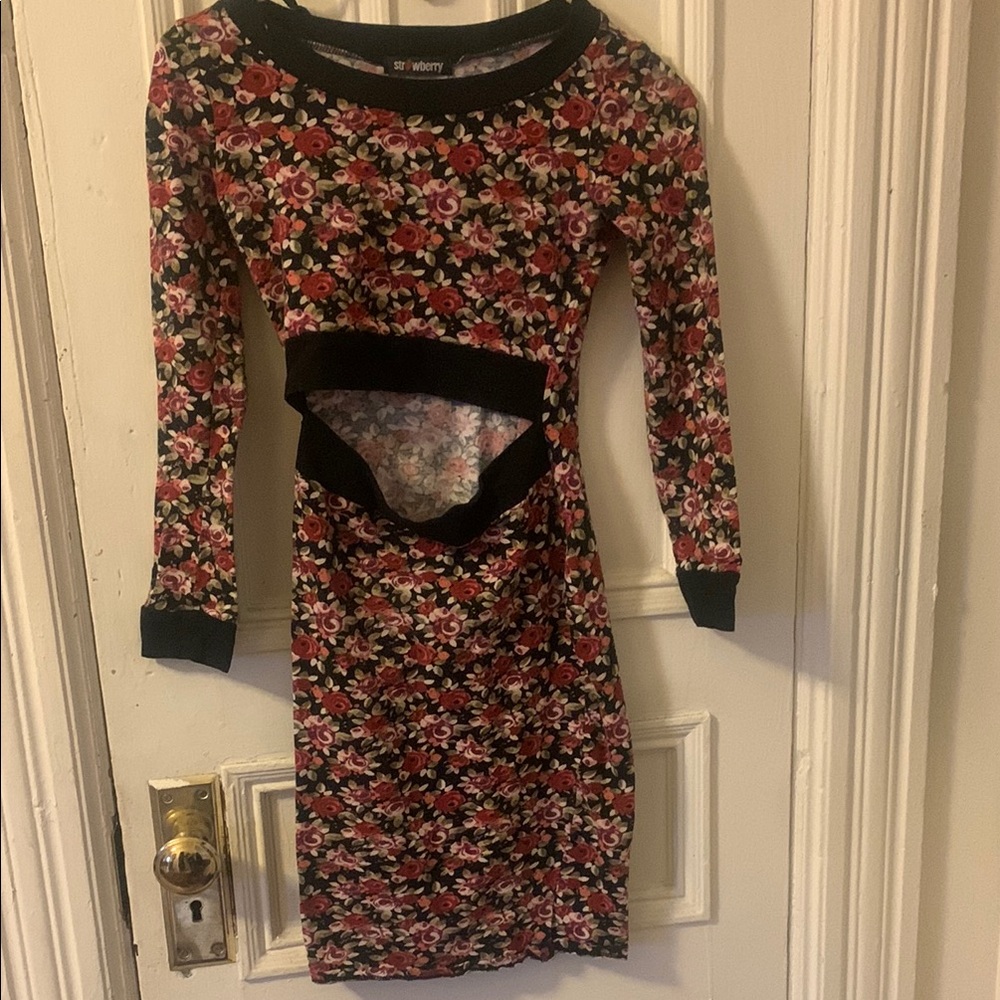 Red and Pink Bodycon Midi Dress with Cuffed Long Sleeves